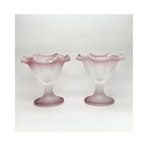 Set of 2 KIG Indonesia Glass Sherbet Sundae Dish Frosted Pink Ruffle Edge 5"
